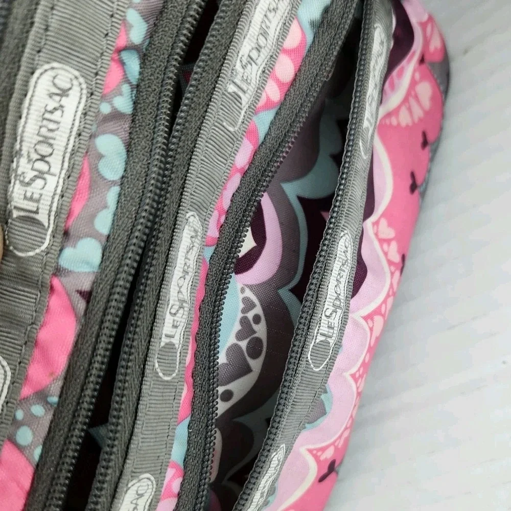 LeSportsac 3 Zipper Wallet Cosmetic Bag Triple Zipper  Pink Grey Hearts